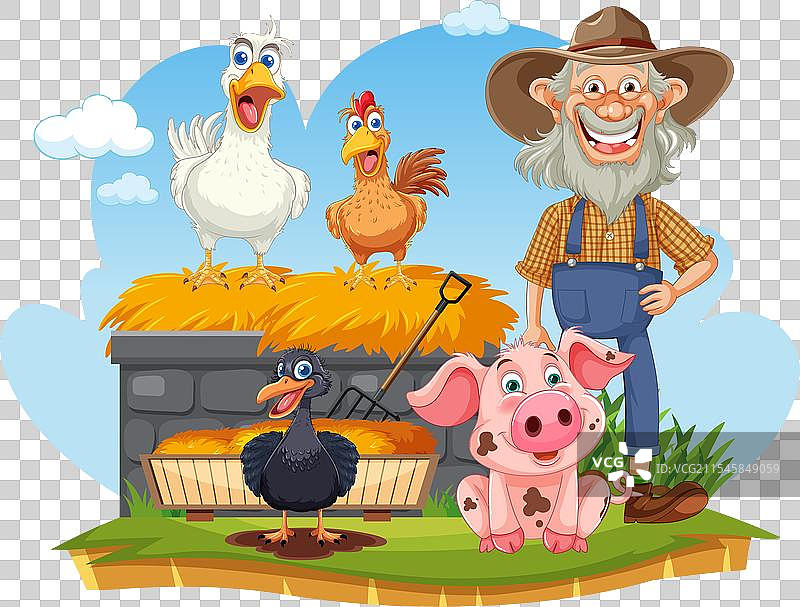 阳光明媚的日子里，卡通农民与动物们在一起图片素材