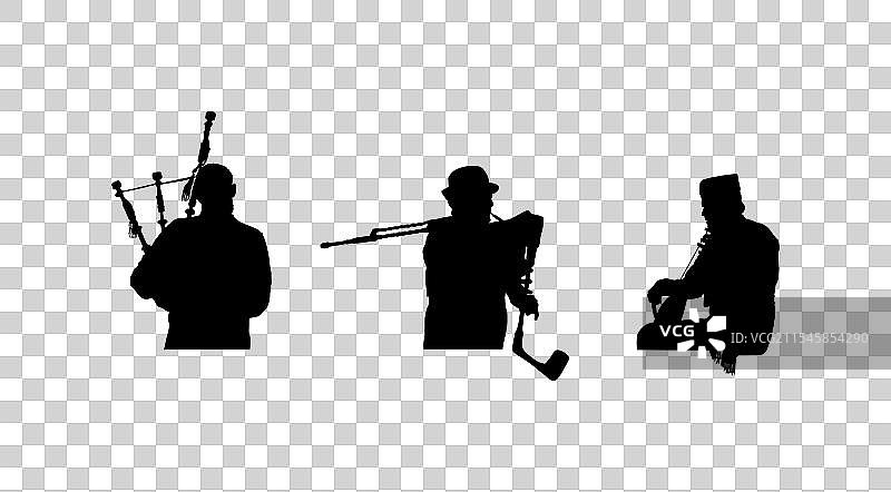 古斯拉演奏者、古斯拉三重奏、风笛演奏者、男性剪影图片素材