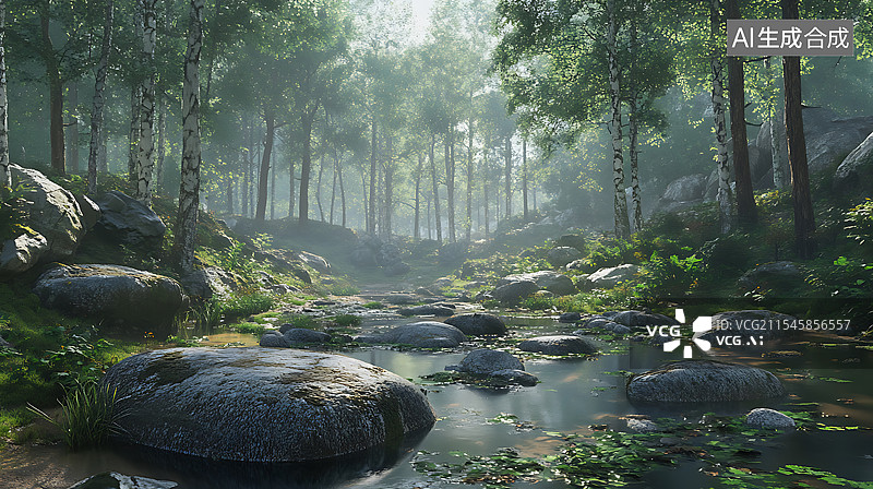 【AI数字艺术】树林里的河流小溪流淌图片素材