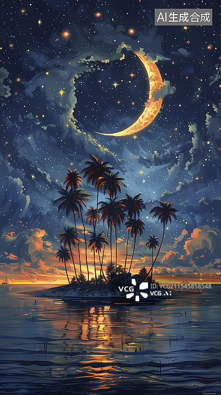 【AI数字艺术】复古紫色夜空岛屿月亮星星海报背景图片素材