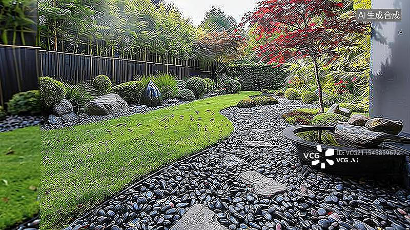 【AI数字艺术】禅意日式庭院景观 宁静致远的石头小径图片素材