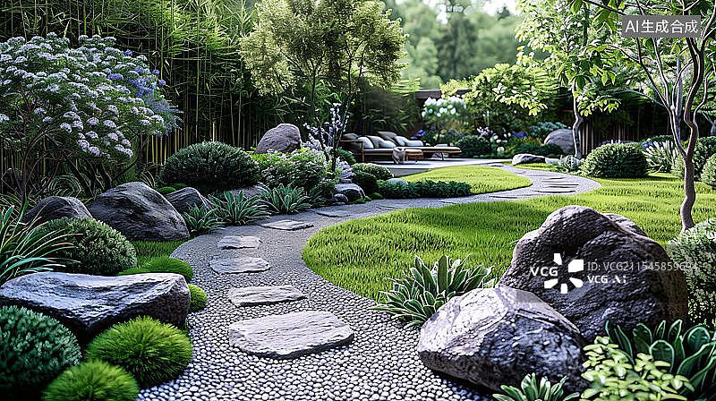 【AI数字艺术】禅意日式庭院景观 宁静致远的石头小径图片素材