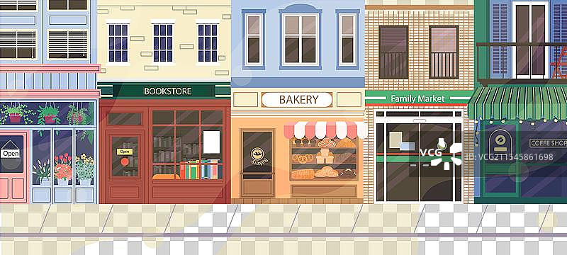 商店街镇道路店面，带门和图片素材