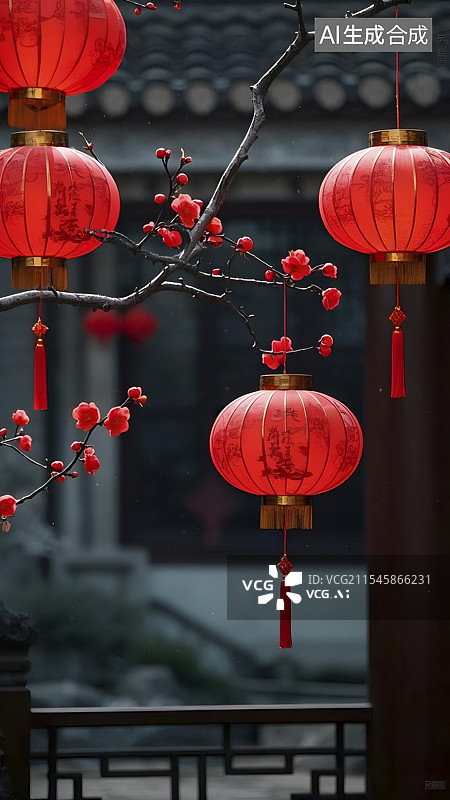 【AI数字艺术】中国古建筑前面的红灯笼图片素材