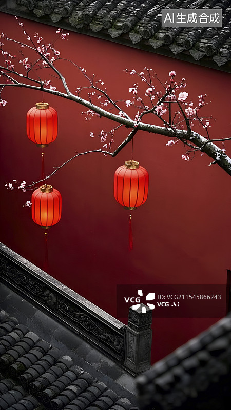 【AI数字艺术】中国古建筑前面的红灯笼图片素材