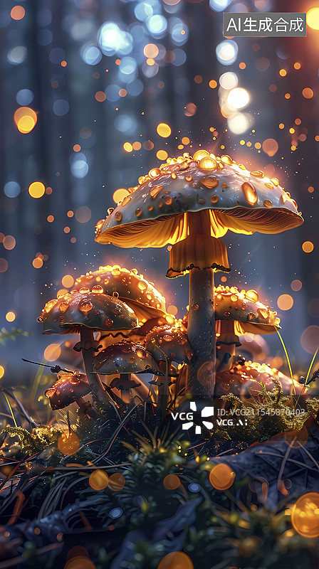 【AI数字艺术】数码科技梦幻森林蘑菇海报背景图片素材
