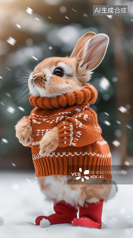 【AI数字艺术】穿着棉袄在玩雪的小兔子图片素材