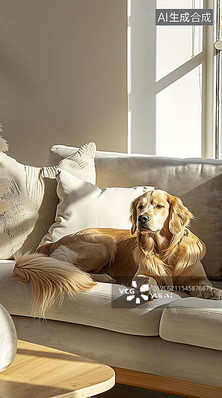 【AI数字艺术】坐在沙发上的金毛犬图片素材