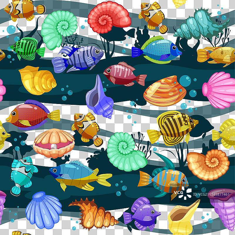 热带鱼贝壳卡通无缝图案图片素材