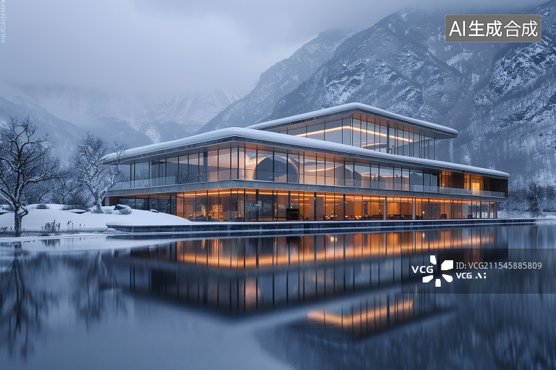 【AI数字艺术】雪天湖边一栋现代建筑在水面倒影图片素材