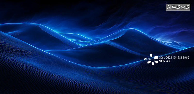 【AI数字艺术】一片壮丽的山脉景观，前景是波浪状的沙丘，背景是层层叠叠的山脉。天空中布满了厚重的云层，光线从云层缝隙图片素材