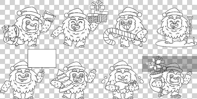 轮廓化的圣诞老人、雪人和大脚怪系列套装图片素材