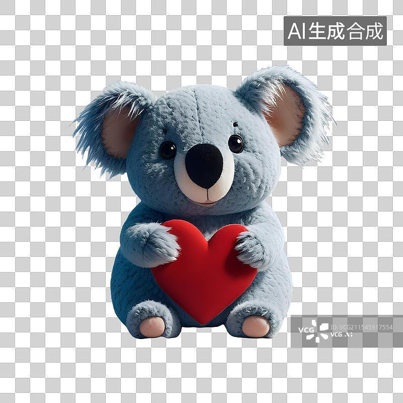 【AI数字艺术】3D渲染，抱着红色爱心的可爱考拉，考拉毛绒玩具，玩偶，公仔，治愈系免抠元素图片素材