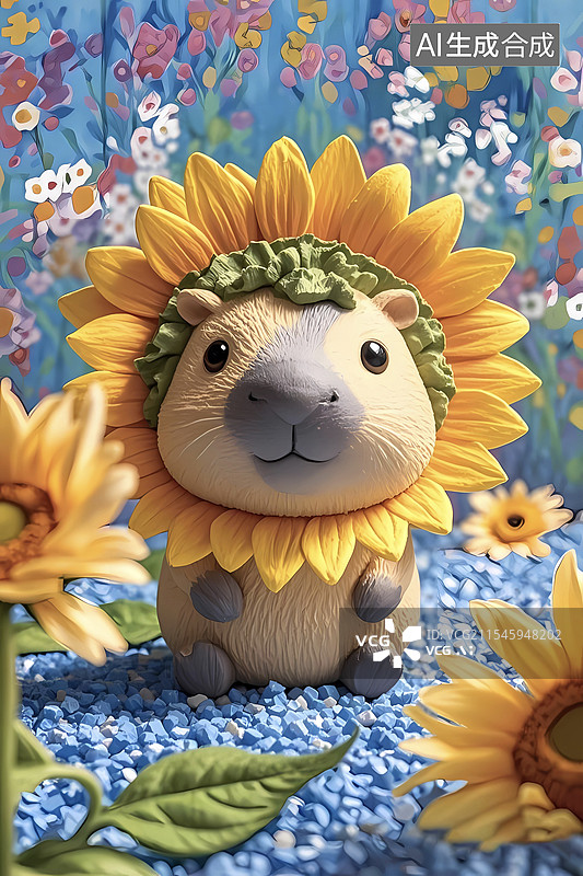 【AI数字艺术】可爱3D卡通卡皮巴拉向日葵水豚图片素材