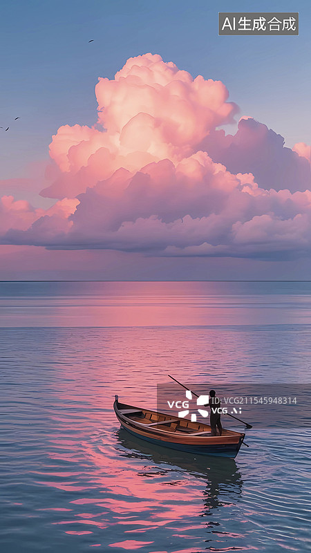 【AI数字艺术】粉色浪漫云朵大海小船火烧云图片素材