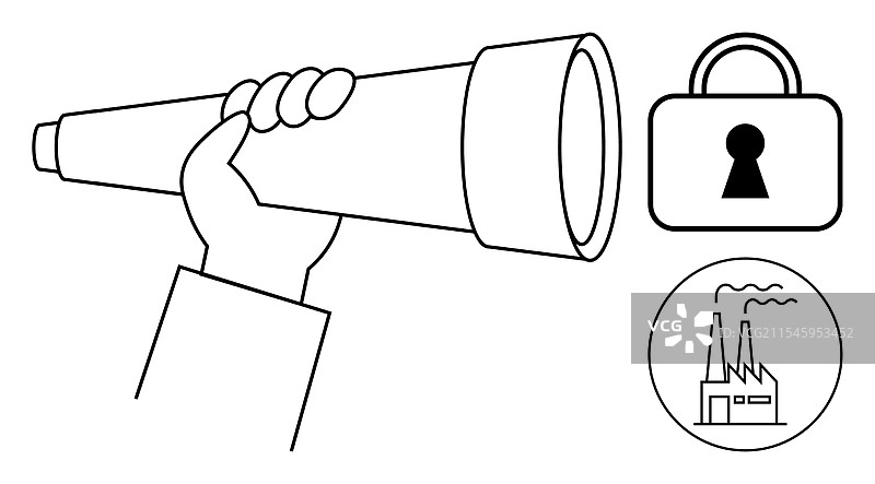 手握望远镜，旁边有工厂和挂锁图片素材