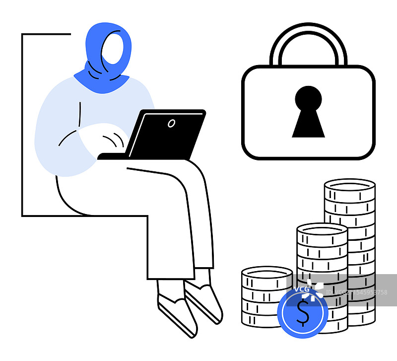 身穿蓝色头巾的人在旁边使用笔记本电脑图片素材