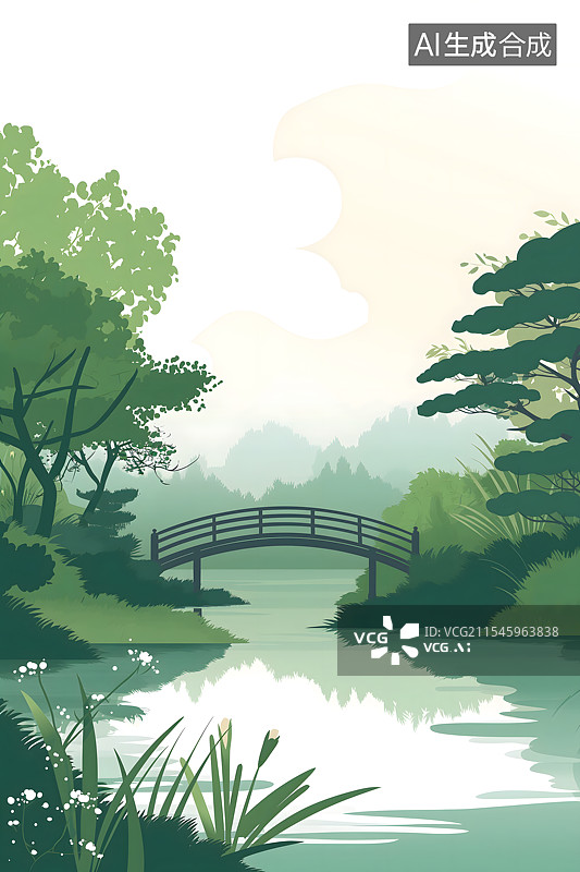 【AI数字艺术】竖版公园里的风景小桥流水树木图片素材