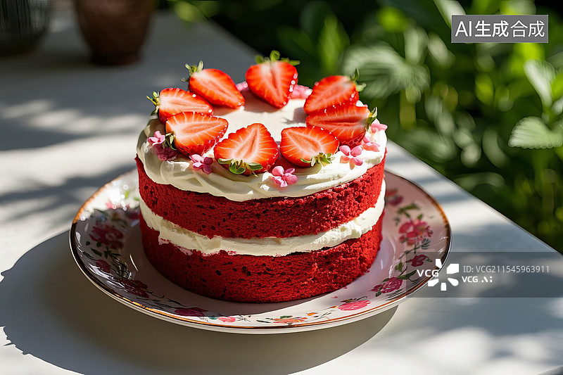 【AI数字艺术】草莓红丝绒奶油蛋糕图片素材