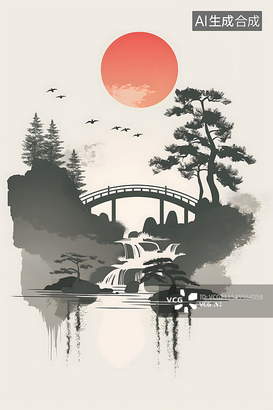 【AI数字艺术】版画水墨风红日小桥流水图片素材