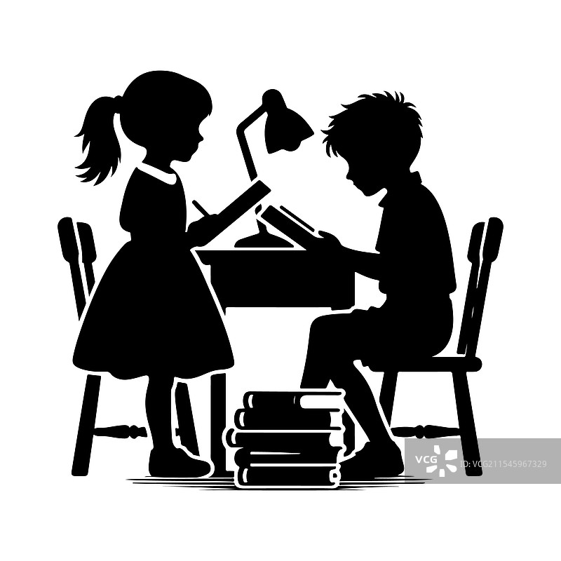 男孩女孩阅读剪影包图片素材