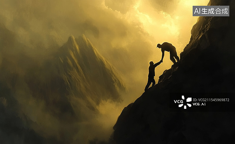 【AI数字艺术】一幅令人感动的场景，两位登山者在山顶互相帮助。图片素材