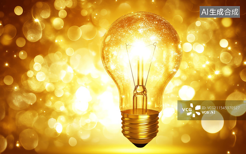 【AI数字艺术】发光的灯泡和金色的背景图片素材