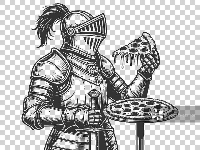 穿着盔甲的骑士吃披萨的雕刻画图片素材
