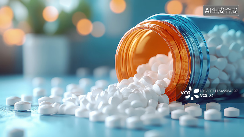 【AI数字艺术】药瓶倒出白色药片特写，医药主题概念图片素材