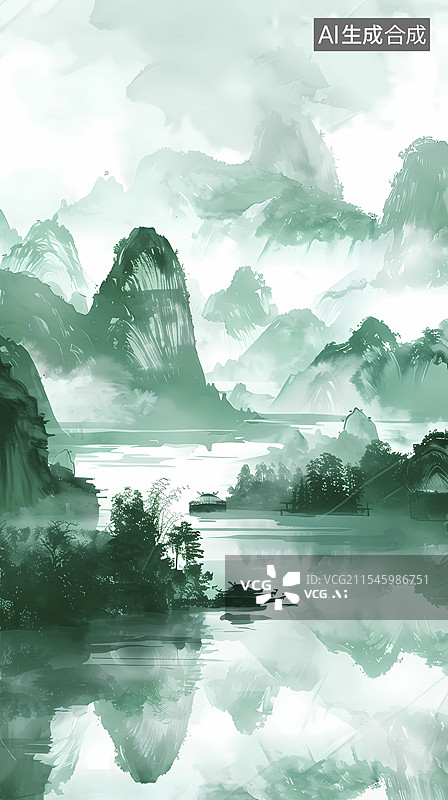 【AI数字艺术】绿白色中式水墨山水海报背景图片素材