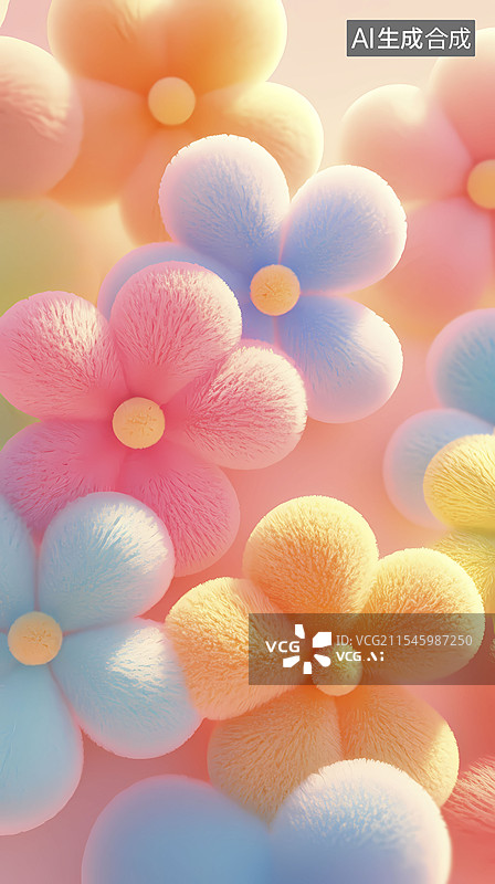 【AI数字艺术】数码科技立体彩色蓬松毛毡花朵海报背景图片素材