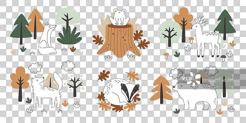 手绘森林动物和植物风景图片素材