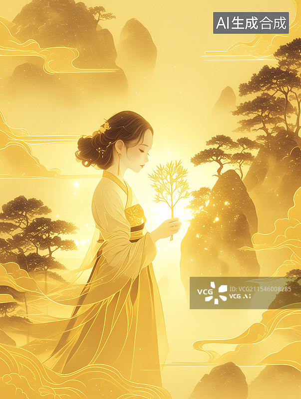 【AI数字艺术】国风植树节黄色背景插画图片素材