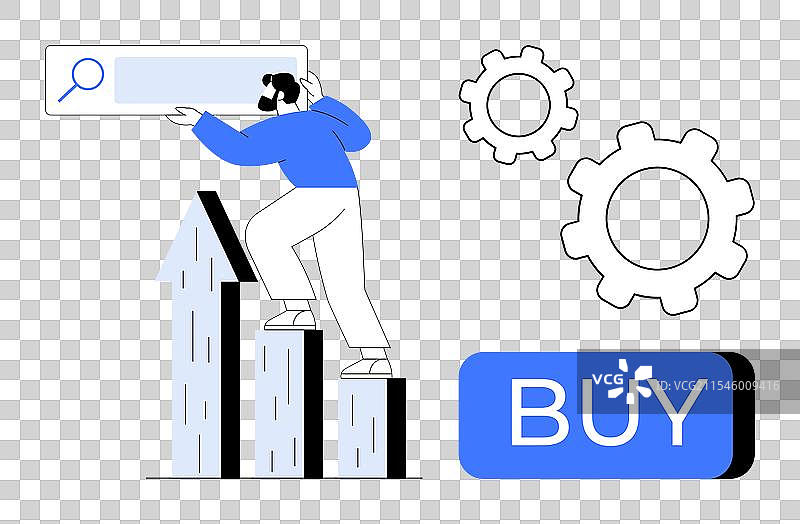 商务人士攀登柱状图，手持放大镜图片素材