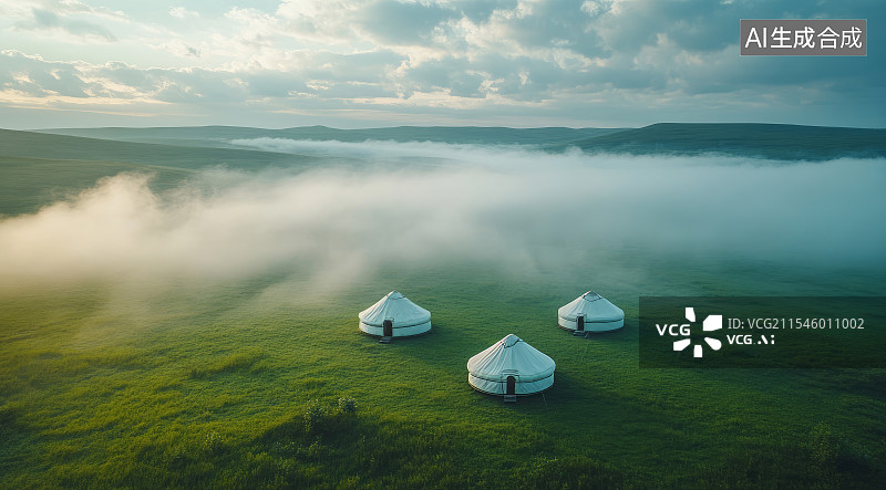 【AI数字艺术】蒙古包与草原晨雾图片素材
