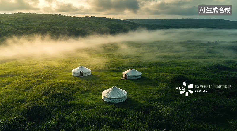 【AI数字艺术】蒙古包与草原晨雾图片素材