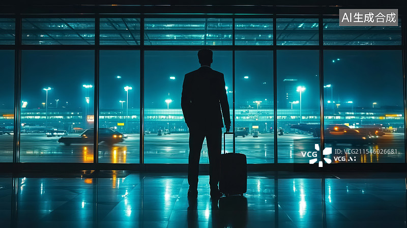 【AI数字艺术】带着行李的商务人士在机场候机楼等待登机背影图片素材