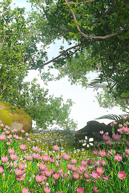 唯美绿色小清新春游旅游春天C4D春天场景图片素材