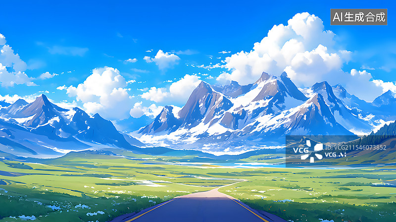 【AI数字艺术】壮丽雪山与青翠草原图片素材