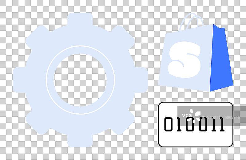 购物袋和代表字母e的二进制代码图片素材