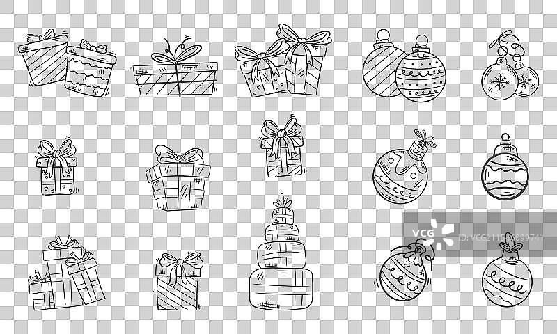 手绘的圣诞球礼品盒涂色图图片素材