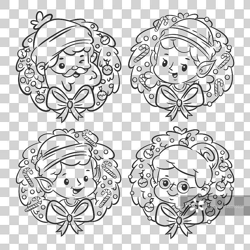 手绘圣诞角色涂色套装图片素材