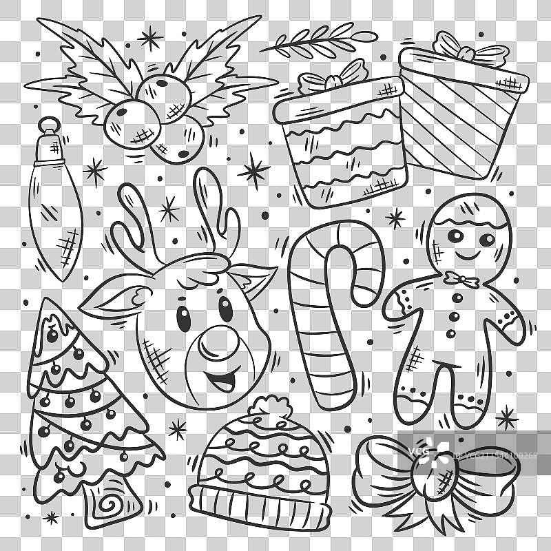 手绘圣诞元素合集着色图片素材