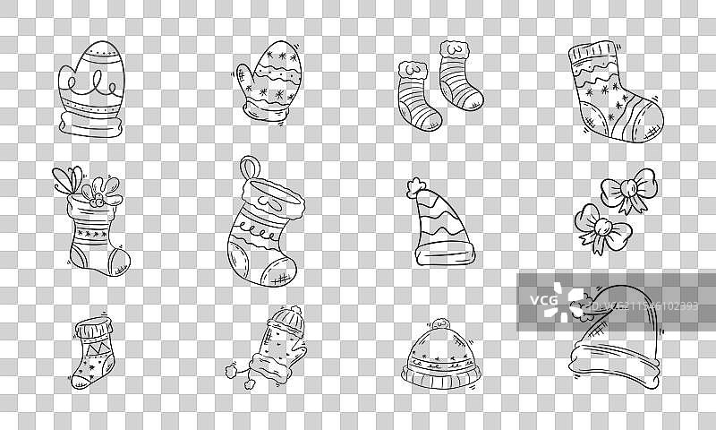 圣诞节手绘袜子和手套涂色图图片素材