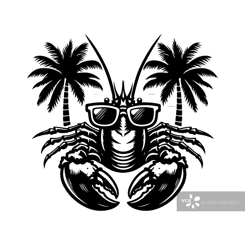 酷炫的龙虾戴着太阳镜，旁边有棕榈树图片素材