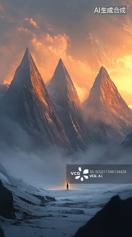 【AI数字艺术】燃烧云雾中的巍峨金色山峰一名旅行者的孤独旅程图片素材