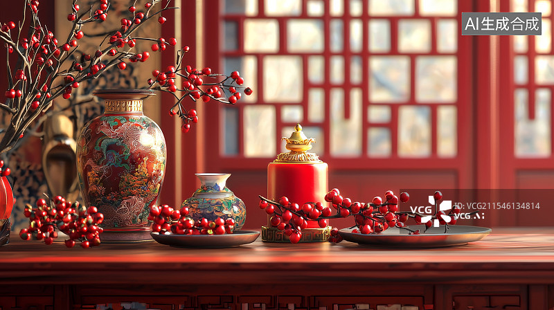 【AI数字艺术】红色背景下的中国风年节摆设盛开的花卉与古典瓷器图片素材