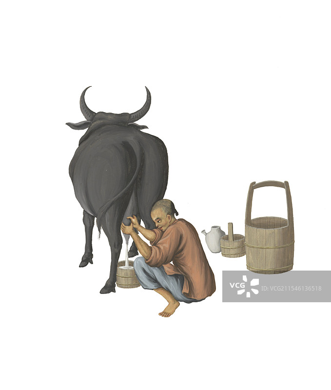 绘画插图，清代，市井人物，百工，挤奶工图片素材