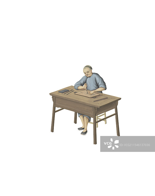 绘画插图，清代，市井人物，百工，雕刻木版的工人图片素材