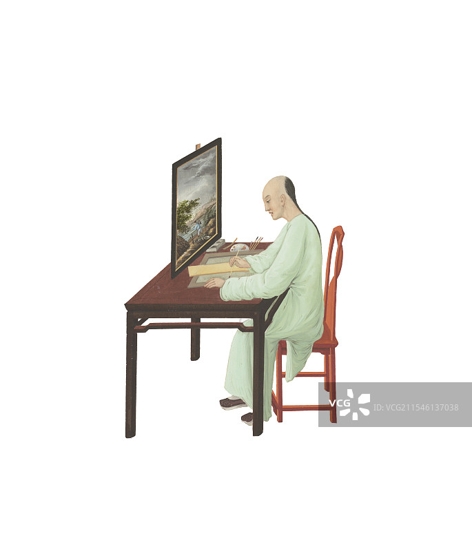 绘画插图，清代，市井人物，百工，画师，临摹图片素材